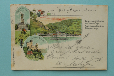 Ansichtskarte Litho AK Gruss aus Assmannshausen 1897 National Denkmal Dampfschiff Schloss Rheinstein Architektur Ortsansicht Hessen